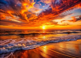 Fototapeta premium Vibrant orange hues illuminate the ocean's horizon as waves surrender to the shore, creating a serene and peaceful atmosphere in this stunning sunset scene.