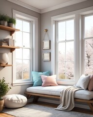 Cozy reading nook by the window with soft pillows