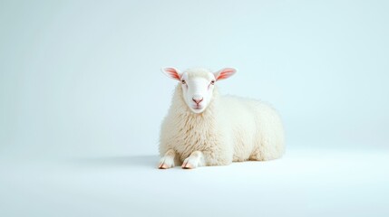 Fototapeta premium A fluffy white lamb grazes peacefully in a lush green meadow on a sunny summer day