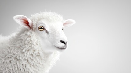 Fototapeta premium A fluffy white lamb with horns grazes peacefully in a lush green meadow