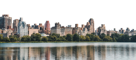 Manhattan skyline with various buildings and a waterfront. The background is isolated and white, enhancing the cityscape's details. Concept of urban city life and architecture