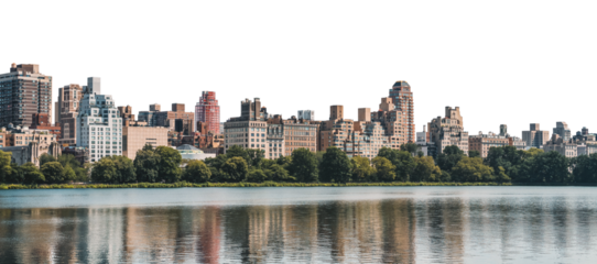 Manhattan skyline with various buildings and a waterfront. The background is isolated and white, enhancing the cityscape's details. Concept of urban city life and architecture