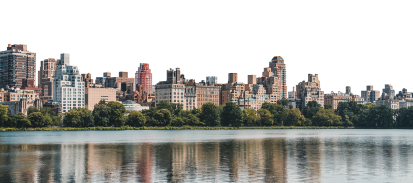 Manhattan skyline with various buildings and a waterfront. The background is isolated and white, enhancing the cityscape's details. Concept of urban city life and architecture