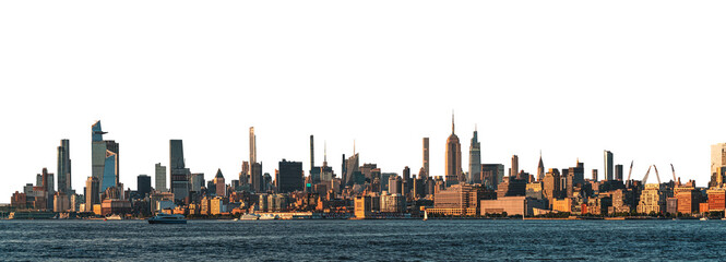 Panoramic view of the Manhattan skyline. Features various high-rise buildings. Isolated on a white background. Concept of urban landscapes and cityscapes