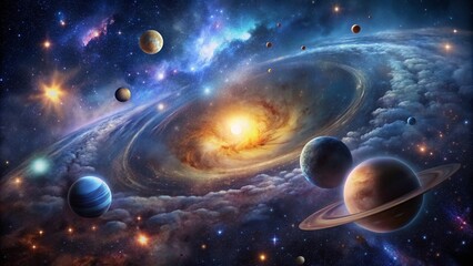 Obraz premium Dark, mysterious interstellar space provides a stunning canvas for a majestic starry night sky, dotted with twinkling stars, planets, and swirling nebulae.