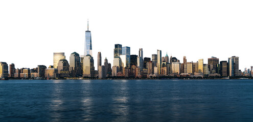 New York City skyline with tall skyscrapers and waterfront. Isolated on a white background. Urban,...