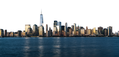 New York City skyline with tall skyscrapers and waterfront. Isolated on a white background. Urban, architecture, and travel concept