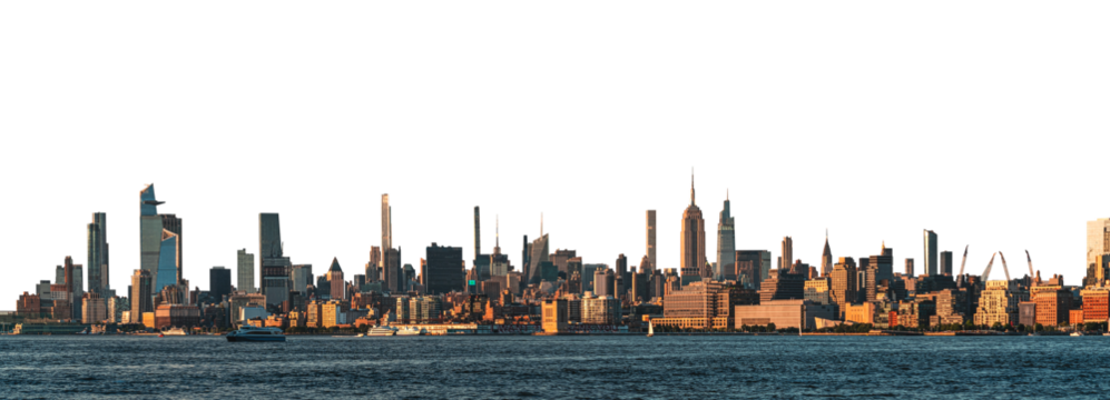 Panoramic view of the Manhattan skyline. Features various high-rise buildings. Isolated on a white background. Concept of urban landscapes and cityscapes