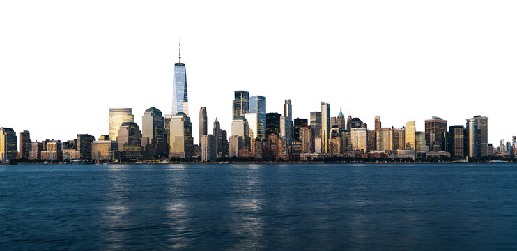 New York City skyline with tall skyscrapers and waterfront. Isolated on a white background. Urban, architecture, and travel concept