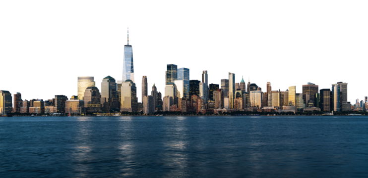 New York City skyline with tall skyscrapers and waterfront. Isolated on a white background. Urban, architecture, and travel concept