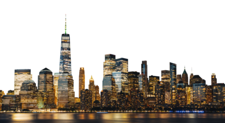 New York City skyline at night with illuminated skyscrapers on an isolated white background. Concept of cityscape and urban design template