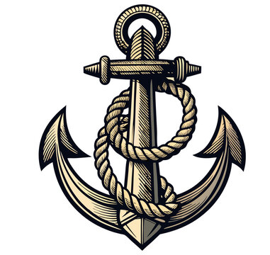 recommend clip art: vintage retro-style nautical anchors with rope adventures vector art. Simple sea anchor with rope in sea color, anchor with rope icon.