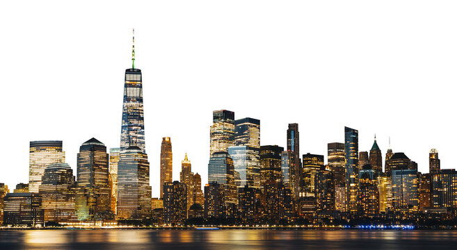 New York City skyline at night with illuminated skyscrapers on an isolated white background. Concept of cityscape and urban design template