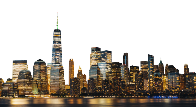 New York City skyline at night with illuminated skyscrapers on an isolated white background. Concept of cityscape and urban design template