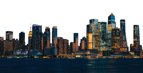 The New York City skyline featuring Hudson Yards and Manhattan skyscrapers at dusk, isolated on a...