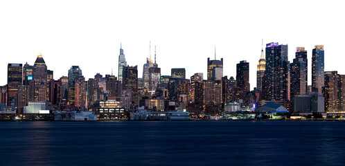 Panoramic view of Manhattan's illuminated skyline at dusk. Urban cityscape with tall buildings and waterfront, isolated on a white background. Concept of New York City © ImageFlow