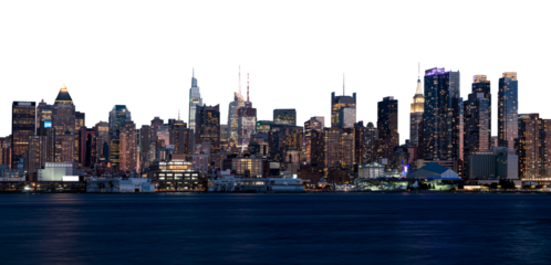 Panoramic view of Manhattan's illuminated skyline at dusk. Urban cityscape with tall buildings and waterfront, isolated on a white background. Concept of New York City