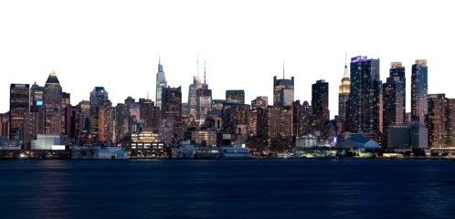 Panoramic view of Manhattan's illuminated skyline at dusk. Urban cityscape with tall buildings and waterfront, isolated on a white background. Concept of New York City