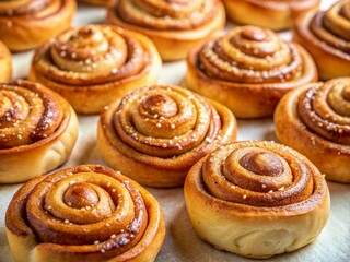 Fototapeta premium Softly lit, golden brown cinnamon rolls are artfully arranged on a pristine white background, showcasing their sweet, swirly centers in a visually appealing display.