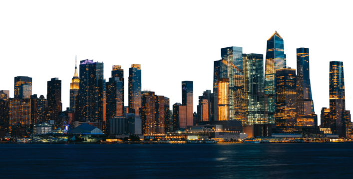 The New York City skyline featuring Hudson Yards and Manhattan skyscrapers at dusk, isolated on a white background. Capturing the urban beauty of an American cityscape - Powered by Adobe