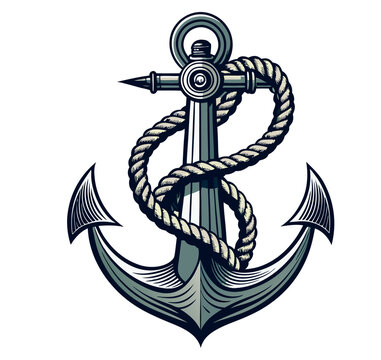 recommend clip art: vintage retro-style nautical anchors with rope adventures vector art. Simple sea anchor with rope in sea color, anchor with rope icon.