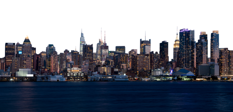 Panoramic view of Manhattan's illuminated skyline at dusk. Urban cityscape with tall buildings and waterfront, isolated on a white background. Concept of New York City
