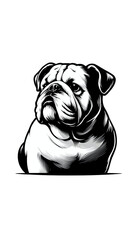 イギリスのブルドッグのモノトーン画像。頑丈で固い外見、フレンドリーな性格。