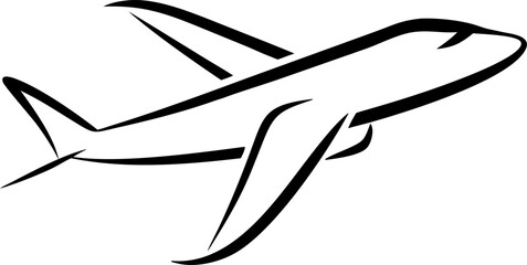 A black and white drawing of an airplane flying through the sky
