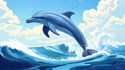 Fototapeta premium A dolphin jumping out of the water, with waves in the background, Artistic Style: Clipart, minimalist, Light Setting: Bright and crisp, Artistic Descriptive Terms: Graceful, fluid, Mood: Exciting and