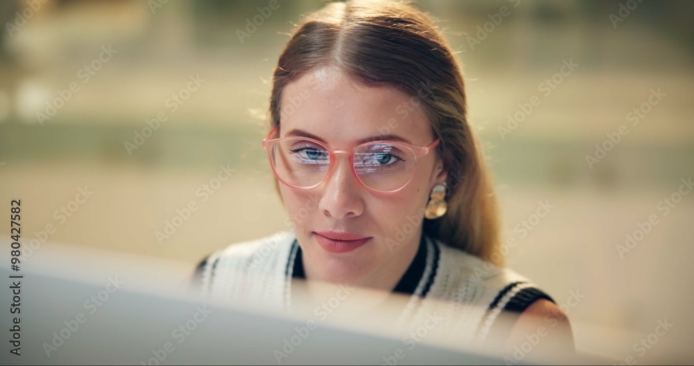 Fototapete Night, woman and glasses in office for programming, coding or problem solving for deadline. Programmer, late or reading on computer for information, company web development or engineering in overtime