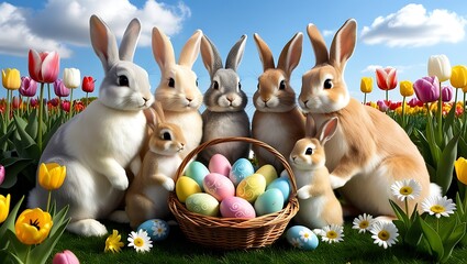A warm and vibrant family of Easter bunnies, each with distinct fluffy fur in shades of cream, beige, and soft gray, gathered around a wicker basket overflowing with freshly painted eggs 