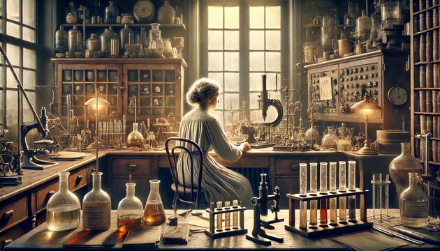 Marie Curie sits in her laboratory, surrounded by scientific equipment, focused on her groundbreaking research in radioactivity