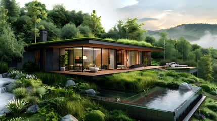 Fototapeta premium Eco Friendly Smart Home Blending with Lush Natural Landscape