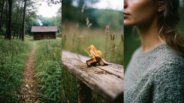 Tranquil forest retreat: cozy cabin, campfire serenity, and nature appreciation for posters and prints