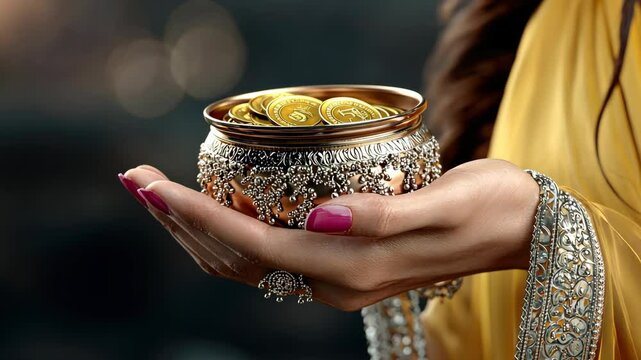 Celebrating prosperity: happy Dhanteras, highlighting a golden pot brimming with coins, symbolizing wealth and good fortune in this auspicious festival, bringing joy and prosperity to households