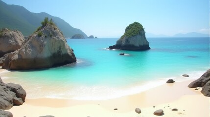 Serene Beach With Prominent Rock Formations Emerging Drom Crystal Clear Blue Waters