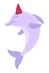 Childrens cute animal. Dolphin character with present. Kids birthday concept. Element for invitation, print, banner, card, brochure, logo.