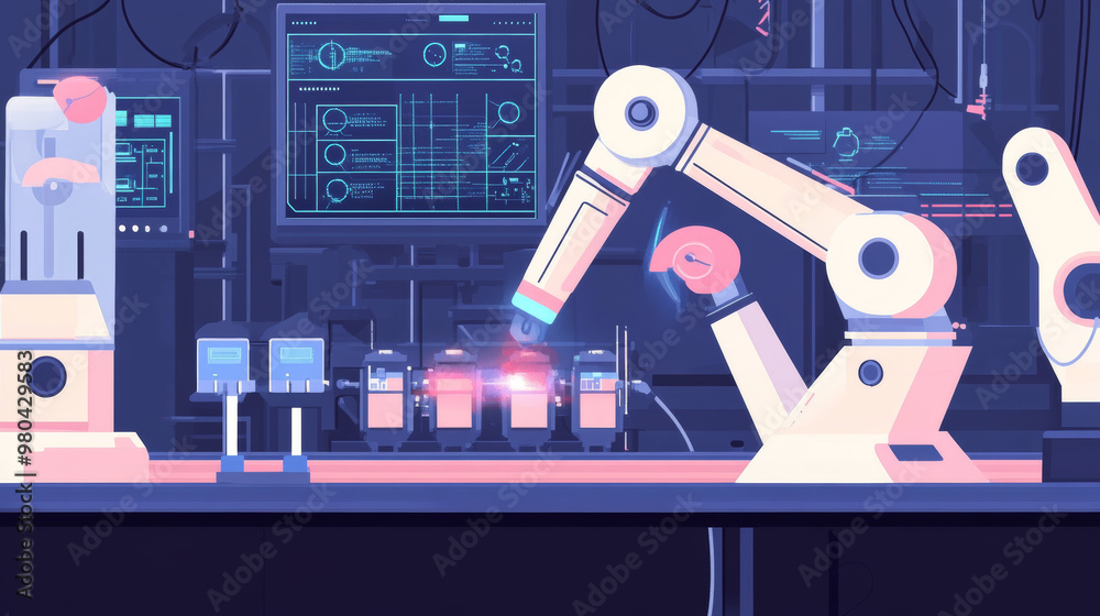 Poster an engineer's hand checking and controlling welding robotics with automatic arms in a smart factory 