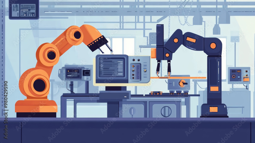 Poster an engineer's hand checking and controlling welding robotics with automatic arms in a smart factory 