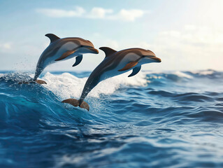 Obraz premium Dolphins jumping through waves, ocean horizon in the background, 3D illustration