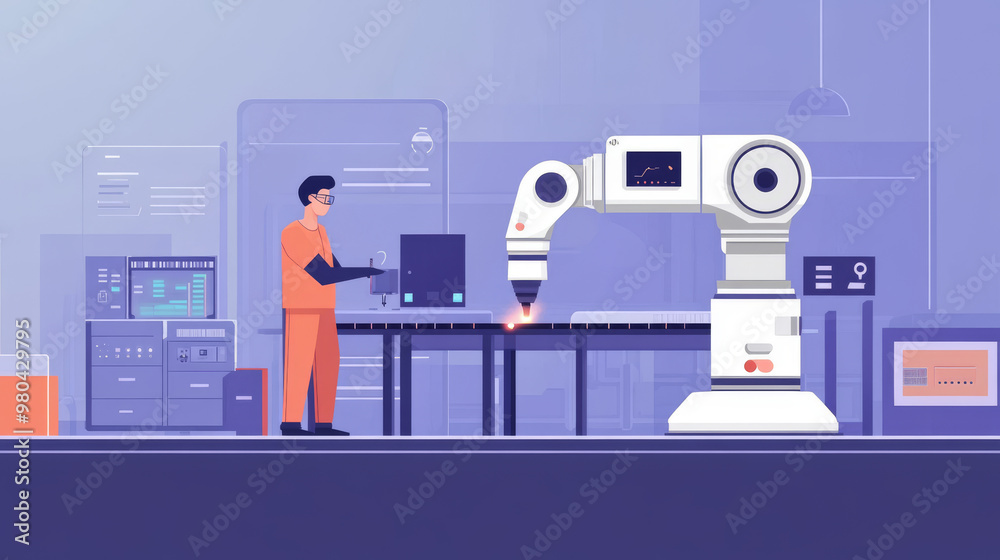 Poster an engineer's hand checking and controlling welding robotics with automatic arms in a smart factory 