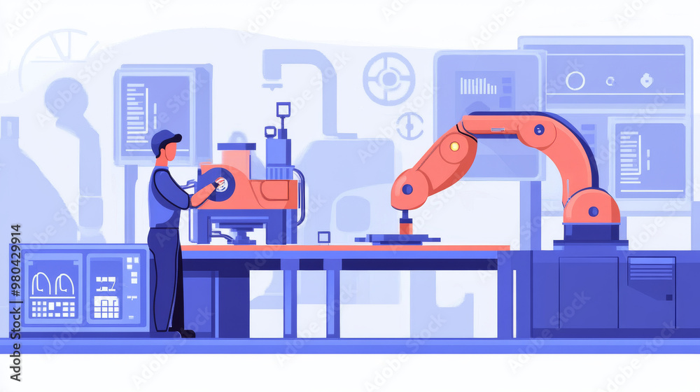 Poster an engineer's hand checking and controlling welding robotics with automatic arms in a smart factory 