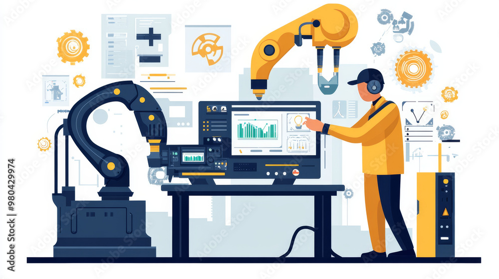 Poster an engineer's hand checking and controlling welding robotics with automatic arms in a smart factory 