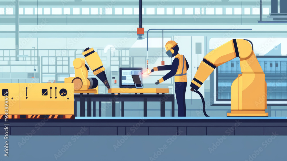 Poster an engineer's hand checking and controlling welding robotics with automatic arms in a smart factory 