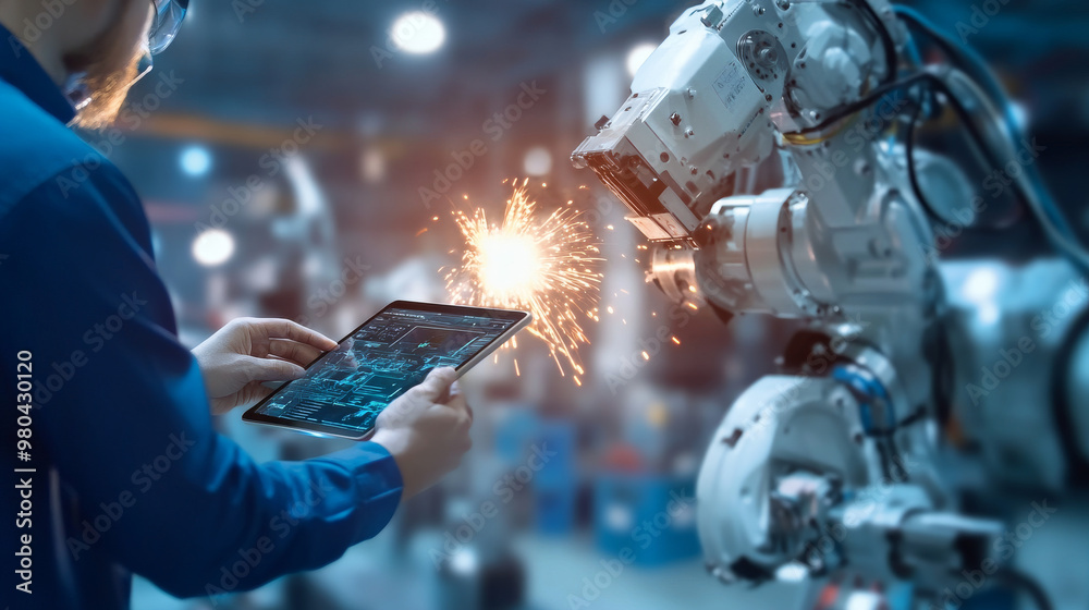 Poster an engineer's hand using a digital tablet to check welding robotics with automated arms. augmented r