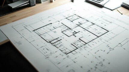 Hand-Drawn Floor Plan Blueprint on a Wooden Table