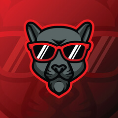 A panther head wearing red glasses