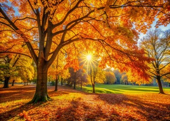 Fototapeta premium Vibrant autumn scene in a serene park, warm sunlight filters through stunning orange and golden yellow tree foliage, casting a beautiful fall ambiance.