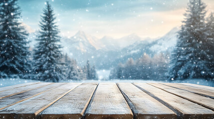 Fototapeta premium christmas empty wooden table top for product display with winter wonderland background