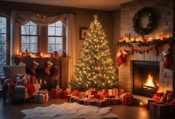 Obraz premium Christmas scene with a large decorated Christmas tree surrounded by presents, stockings hung on the fireplace, and a warm, inviting atmosphere.